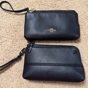 Coach Black Pebbled Leather Zip Wristlet with Gold Logo